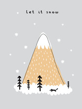 Let It Snow. Cute Winter Holidays Vector Illustration With Snowy Landscape. Hand Drawn Pine Tree, Snowy Mountain, Fox And Stars Isolated On A Light Gray Background. Infantile Style Christmas Card.