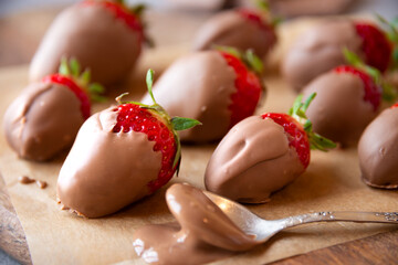 Strawberries with chocolate, delicious and gourmet dessert