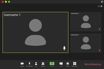 Video conference user interface. Video call screen interface template. Application for social communication. three users.