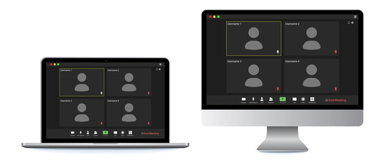 Poster - Video conference user interface. Video call screen interface template. Application for social communication. Four users.
