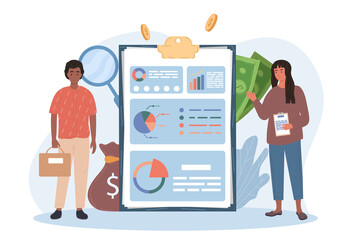 Poster - male and female characters making accounting and audit. man and woman standing next to clipboard wit