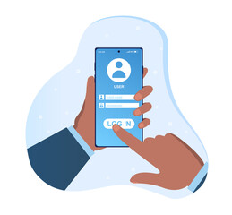 Poster - hand holding smartphone with log in page. concept of secure way to keep files on the phone. flat car