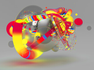 Wall Mural - 3d render of abstract art with surreal flying meta balls spheres bubbles or festive party balloons ring with parallel lines pattern on surface in neon glowing red yellow and green color lights on grey