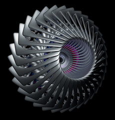 Wall Mural - 3d render of abstract art with surreal 3d machinery industrial turbine jet engine or wheel in spherical spiral twisted shape with sharp fractal blades in glowing purple and black metal