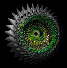 3d render of abstract art with surreal 3d machinery industrial turbine jet engine or wheel in spherical spiral twisted shape with sharp fractal blades in glowing green and black metal