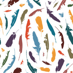Poster - Seamless pattern with colored feathers on a light backdrop. Vector repeating background with bird plumes. Suitable for wallpaper, wrapping paper, fabric, textile