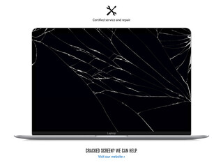 Poster - laptop with cracked screen for advertising repair service isolated on white background. mockup of realistic and detailed broken notebook with shadow. stock vector illustration