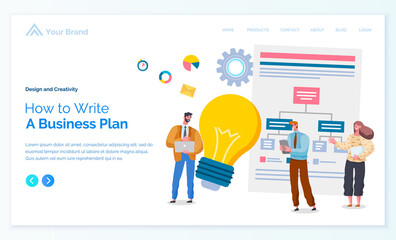Poster - How to write a business plan vector illustration banner. Business people standing near circuit plan and burning light bulb. Business presentation and project management concept landing page template