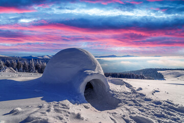Wall Mural - real snow igloo house in the winter mountains glowing by morning sunlight. incredible purple sunset 