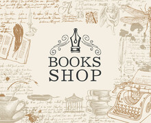 Banner For Books Shop In Retro Style. Vector Illustration With Hand-drawn Typewriter, Angel, Books, Cup And Handwritten Notes With Blots. Suitable For Poster, Flyer, Label, Bookmark, Business Card