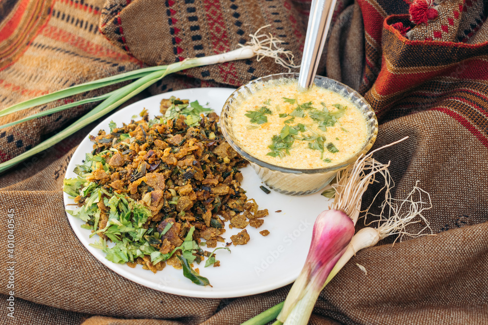 Rotlo Samples Close up shot of Indian food Kathiavadi dish - Vagarelo Rotlo made from ...