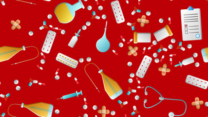 Wall Mural - Endless seamless pattern of medical scientific medical items icons jars with pills capsules first aid kits and stethoscopes on a red background. illustration