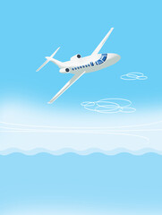 Lovely white airliner plane in a bend against the blue sky above the blue waves. Dreams. Illustration