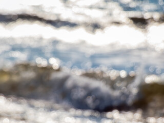 Wall Mural - Soft sea and ocean, white and blue bokeh effect and purposely blurred view of scenic water landscape