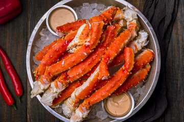 Wall Mural - King crab claws on wooden table