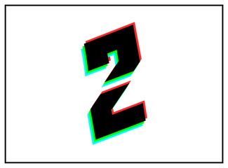 2 number font, vector desing logo.Dynamic, split-color, shadow of  number red, green, blue in black frame on white background. Eps10 illustration