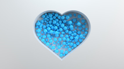Poster - 3d bright render background with cut out shape filled with colored spheres. Bright positive concept. Heart shape.