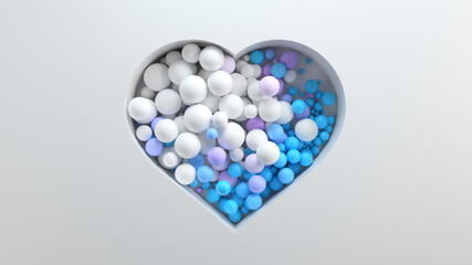 Poster - 3d bright render background with cut out shape filled with colored spheres. Bright positive concept. Heart shape.