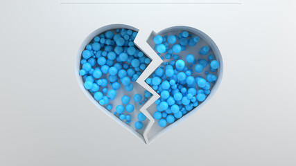 Poster - 3d bright render background with cut out shape filled with colored spheres. Bright positive concept. Broken heart shape.