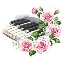 Piano Keys And Rose Flowers