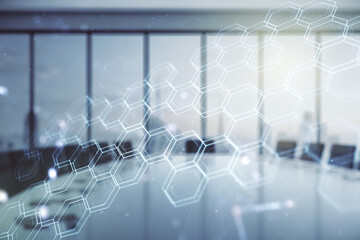 Poster - Double exposure of abstract virtual technology hologram with hexagon on a modern meeting room background. Research and development software concept