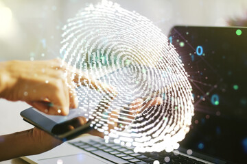 Aufkleber - Abstract creative fingerprint concept with finger clicks on a digital tablet on background. Multiexposure