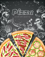 Wall Mural - Color pizza poster. Savoury pizza ads with 3d illustration rich toppings dough on engraved style chalk doodle background. banner for cafe, restaurant or food delivery service. Top view