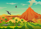 Fototapeta Dinusie - Prehistoric landscape - volcano with smoke, mountains, dinosaurs and green vegetation. illustration of beautiful prehistoric landscape and dinosaurs