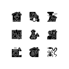 Poster - Home accidents prevention black glyph icons set on white space. Water damage. Electric shock. Hurricane. Chemical poisoning. Vandalism. Burglary. Silhouette symbols. Vector isolated illustration