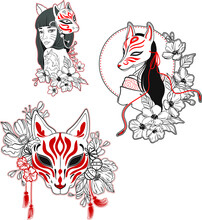 Vector Japanese Style Illustration. Kabuki Mask Geisha Girl Image.