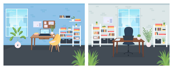 Fototapete - Office flat color vector illustration set