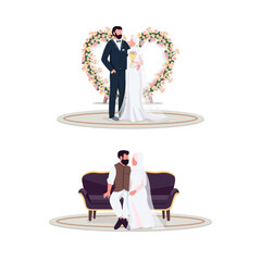 Wall Mural - Muslim couple on wedding day flat color vector faceless character set