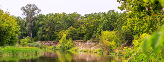 Canvas Print - A view of the river with wooded banks, panorama, banner, summer natural landscape