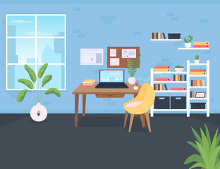 Poster - Workplace flat color vector illustration