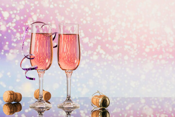 Two glasses of rose champagne and Christmas or New Year decoration and corks with a golden light bokeh on background. Romantic dinner. Winter holiday concept.