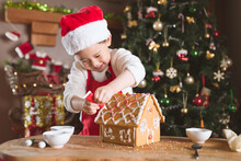 Young Girl Making Gingerbread House At Home