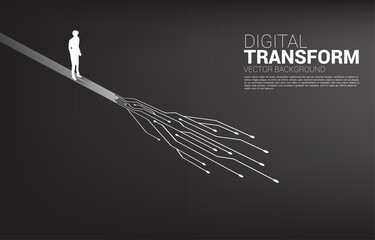 Poster - Silhouette of businessman standing on the way with dot connect line circuit. concept of digital transformation of business.