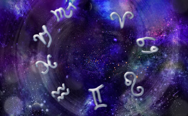 Wall Mural - Astrological horoscope symbols on cosmic background
