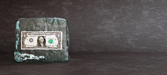 One dollar bill frozen in ice cube, frozen money and bad investment concept, 3D Render, 3D Illustration