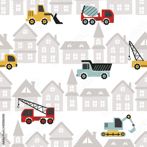 Photo Construction pattern with cartoon colorful trucks and buildings.