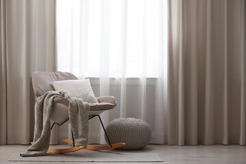 Poster - Beautiful curtains on window in stylish room interior