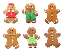 Set Of Gingerbread Men And Women Isolated On White