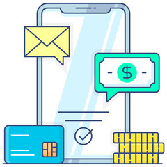 Sms transactions flat outline icon, mobile application 