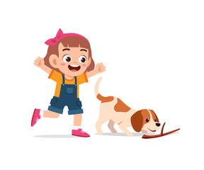 Wall Mural - happy cute little kid boy and girl play with pet dog