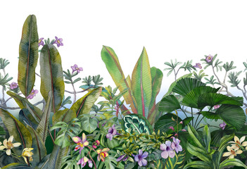 tropical leaves and flowers hand-drawn by watercolor. seamless tropical pattern. stock illustration