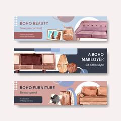 Poster - Banner template with boho furniture concept design for advertise and marketing watercolor vector illustration