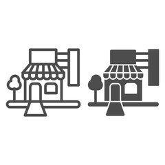 Poster - Shop with signboard and tree line and solid icon, shopping concept, shop sign on white background, store icon in outline style for mobile concept and web design. Vector graphics.