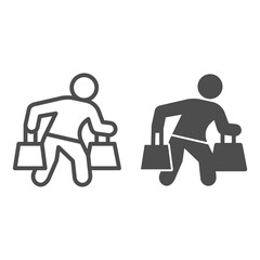 Poster - Man carrying shopping bags line and solid icon, shopping concept, man with packages sign on white background, man carrying shopping bags icon in outline style. Vector graphics.