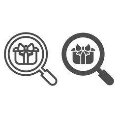 Poster - Magnifier and gift line and solid icon, shopping concept, With gift magnifying glass sign on white background, gift search icon in outline style for mobile concept and web design. Vector graphics.