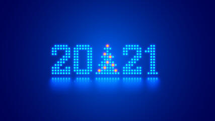 Aufkleber - New Year digits 2021 and Christmas tree in tech style. 20 21 consist of neon dots or pixels on blue background. 2021 New Year card digital technological industry. Xmas computer holiday banner.